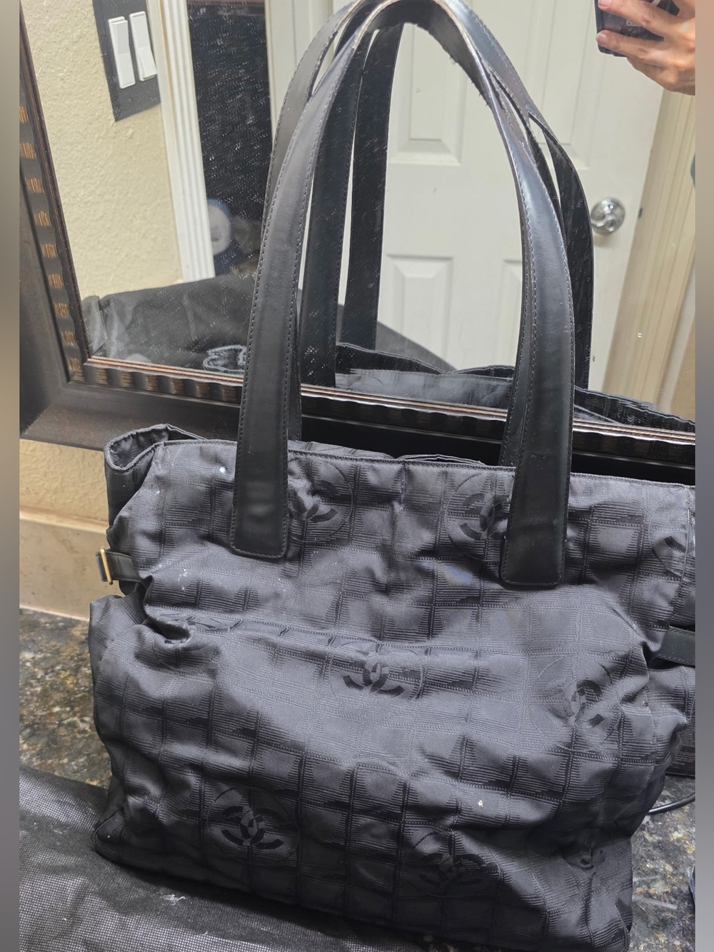CHANEL Black Quilted Nylon Tote with Leather Handles